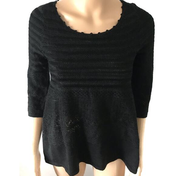 Anthropologie Yellow Bird Black Perforated 3/4 Crochet Peplum Sweater S - Picture 2 of 5